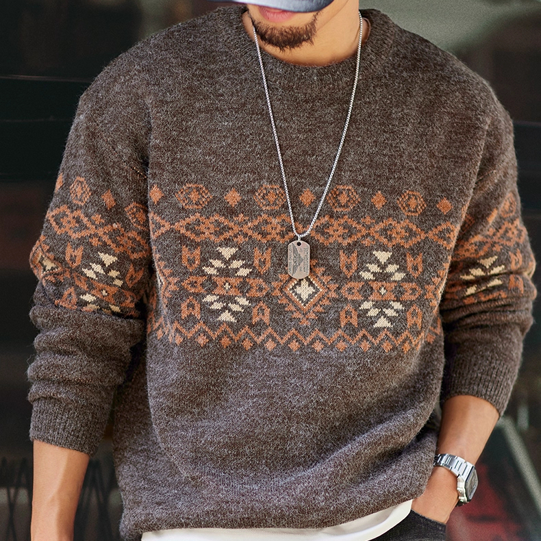 Fair Island Retro Jacquard Round Neck Men'S 2025 New Ethnic Style Warm Knitted Sweater