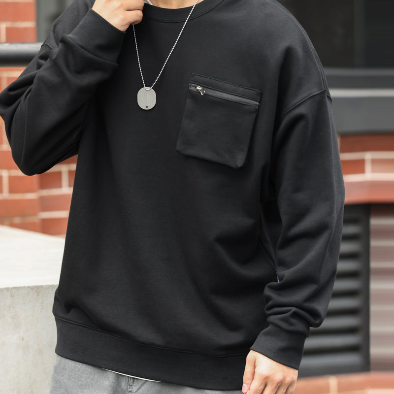 Casual workwear 3D pocket hoodie 360g looped bottom sports round neck long sleeved top