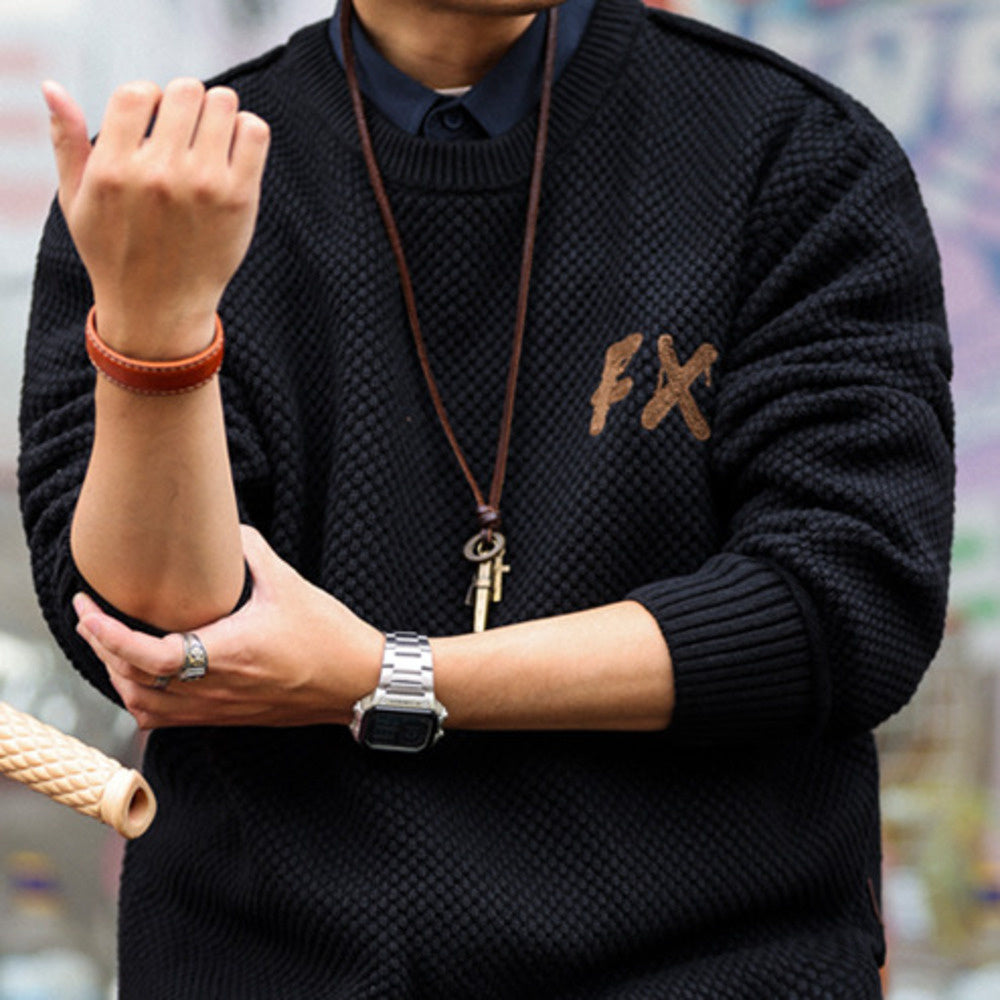 Vintage coarse needle and thread heavyweight sweater with round neck, loose and lazy style, high-end knitted sweater