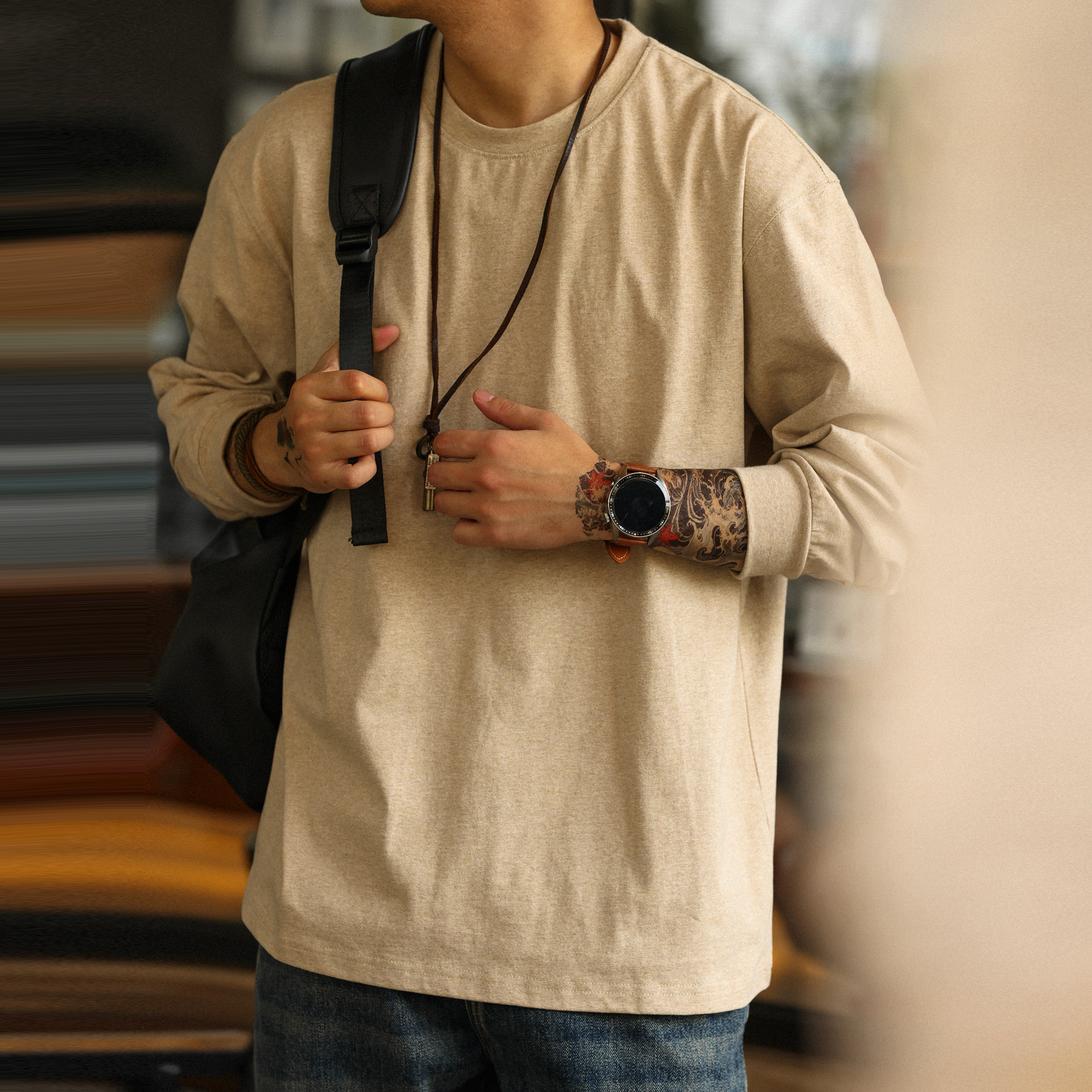 American Casual 260g Oat Gray Round Neck Men's Autumn Loose Basic T-Shirt