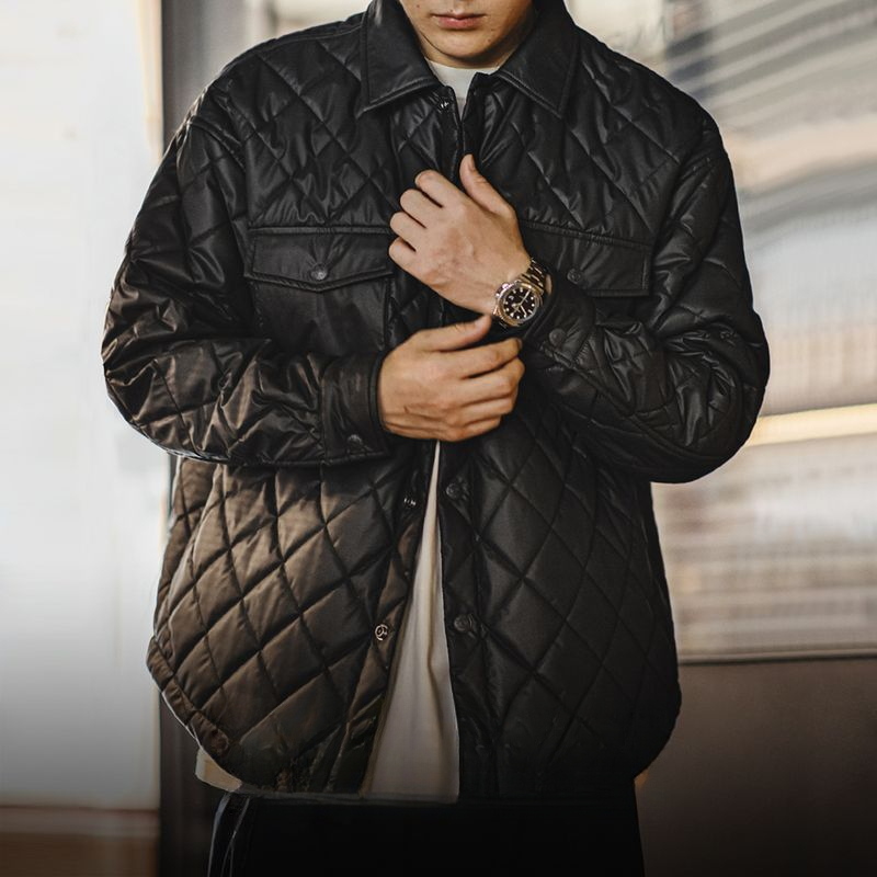 Maden Vintage Quilted Diamond Plaid Jacket Cotton Loose Lapel Warm Cotton Coat Jacket