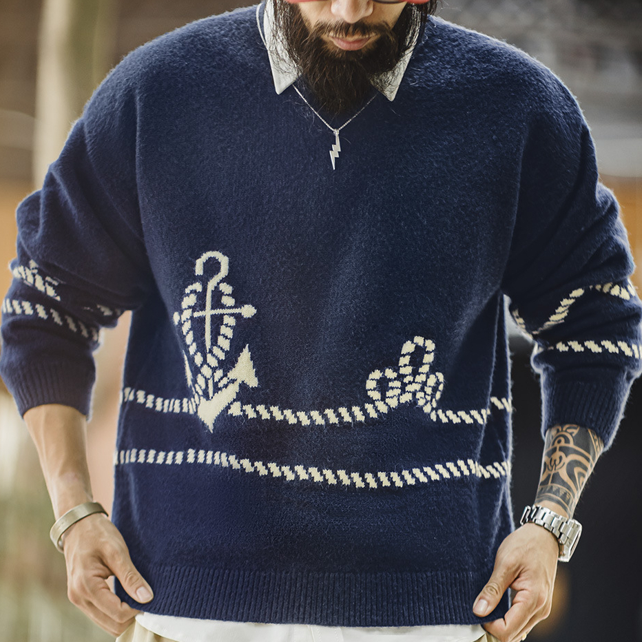 American-style Casual Navy Blue Pullover Knitted Inner Sweater