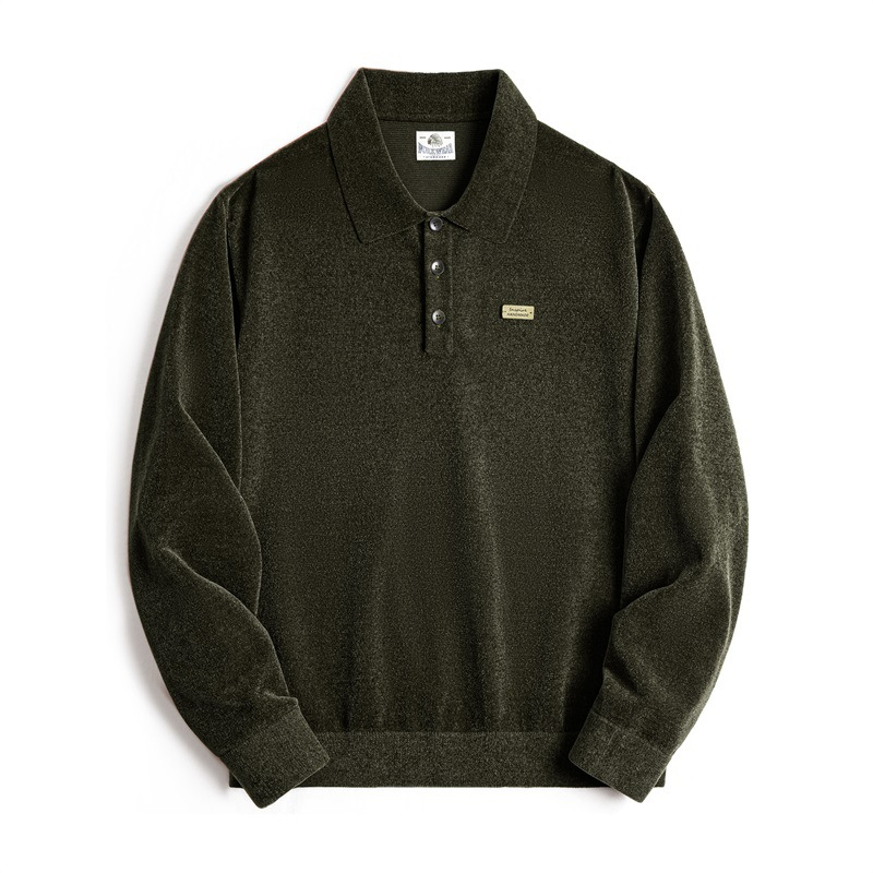 Maden Retro Chenille Half Open Polo Shirt Loose Collar Pullover Long Sleeve T-Shirt