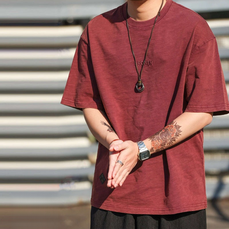 Japanese retro men's 250g letter embroidered pure cotton short sleeved T-shirt