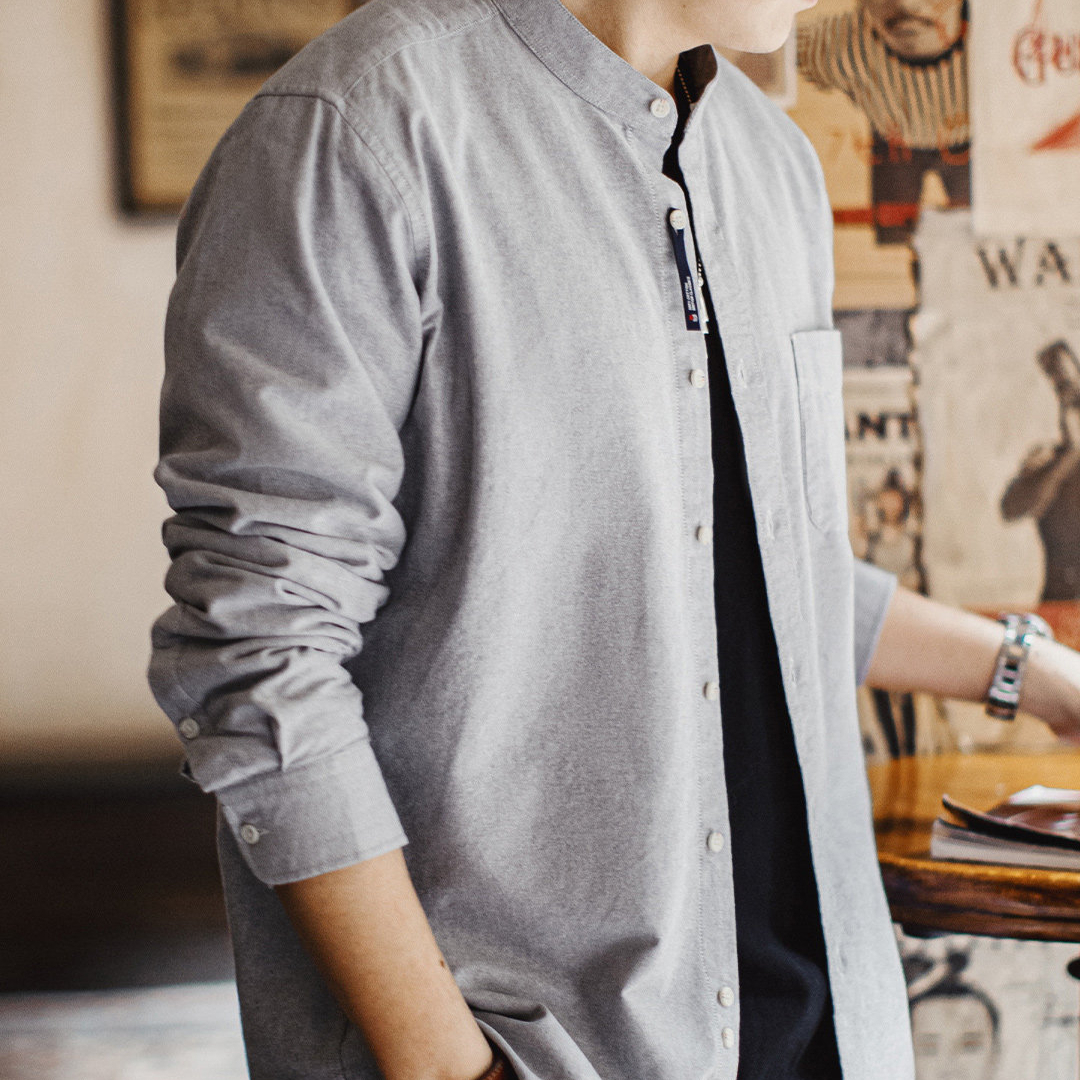American Oxford Cloth Small High Neck Pure Cotton Long Sleeved Shirt