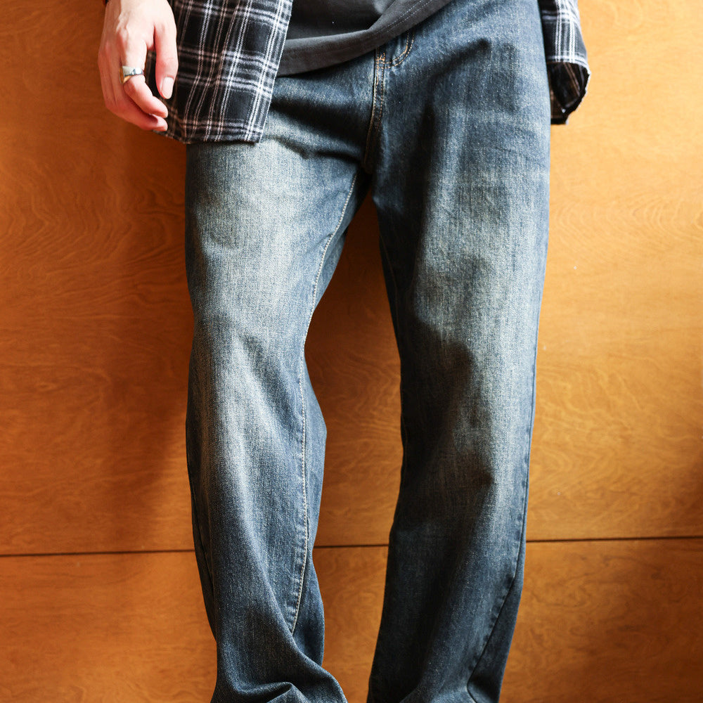 Washed blue jeans for men, loose straight leg with a sense of falling, casual wide leg dad pants