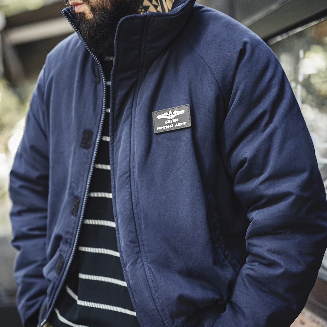 American Navy Blue Stand up Collar Warm Short Sleeve Cotton Jacket with Insert Shoulders