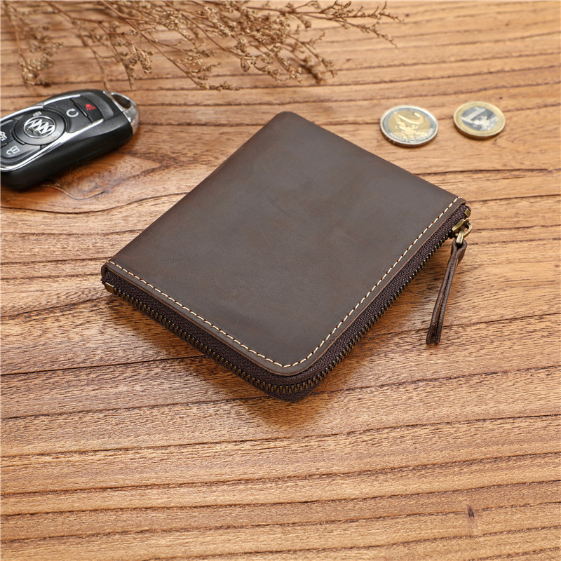 Retro men's top layer cowhide short zipper leather wallet
