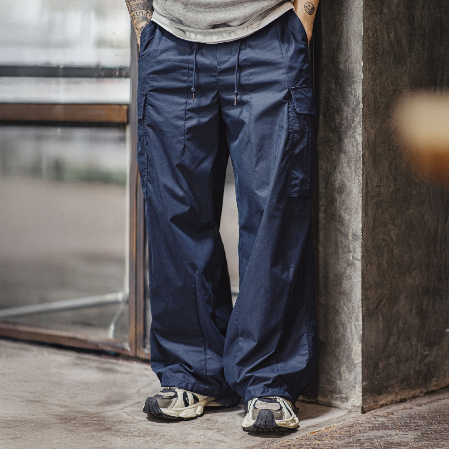 American M65 Large Pocket Japanese Cityboy Blue Woven Leg Tied Casual Pants