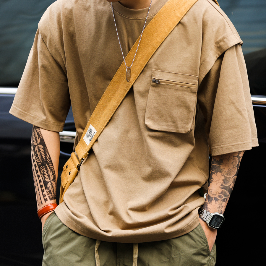 Mountain style outdoor men's loose round neck pocket short sleeved T-shirt