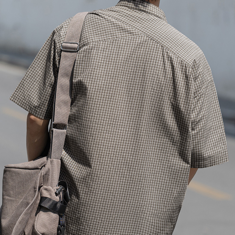 Summer men's plaid pure cotton casual loose short sleeved shirt