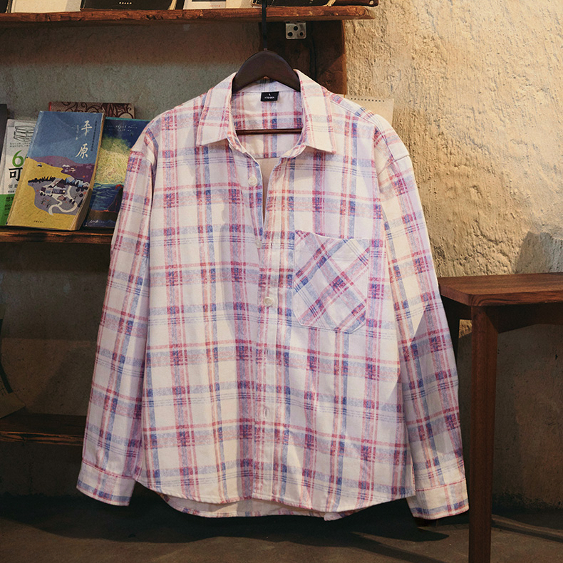 Lyocell Light Pink Men'S 2025 Autumn New Washed Plaid Shirt