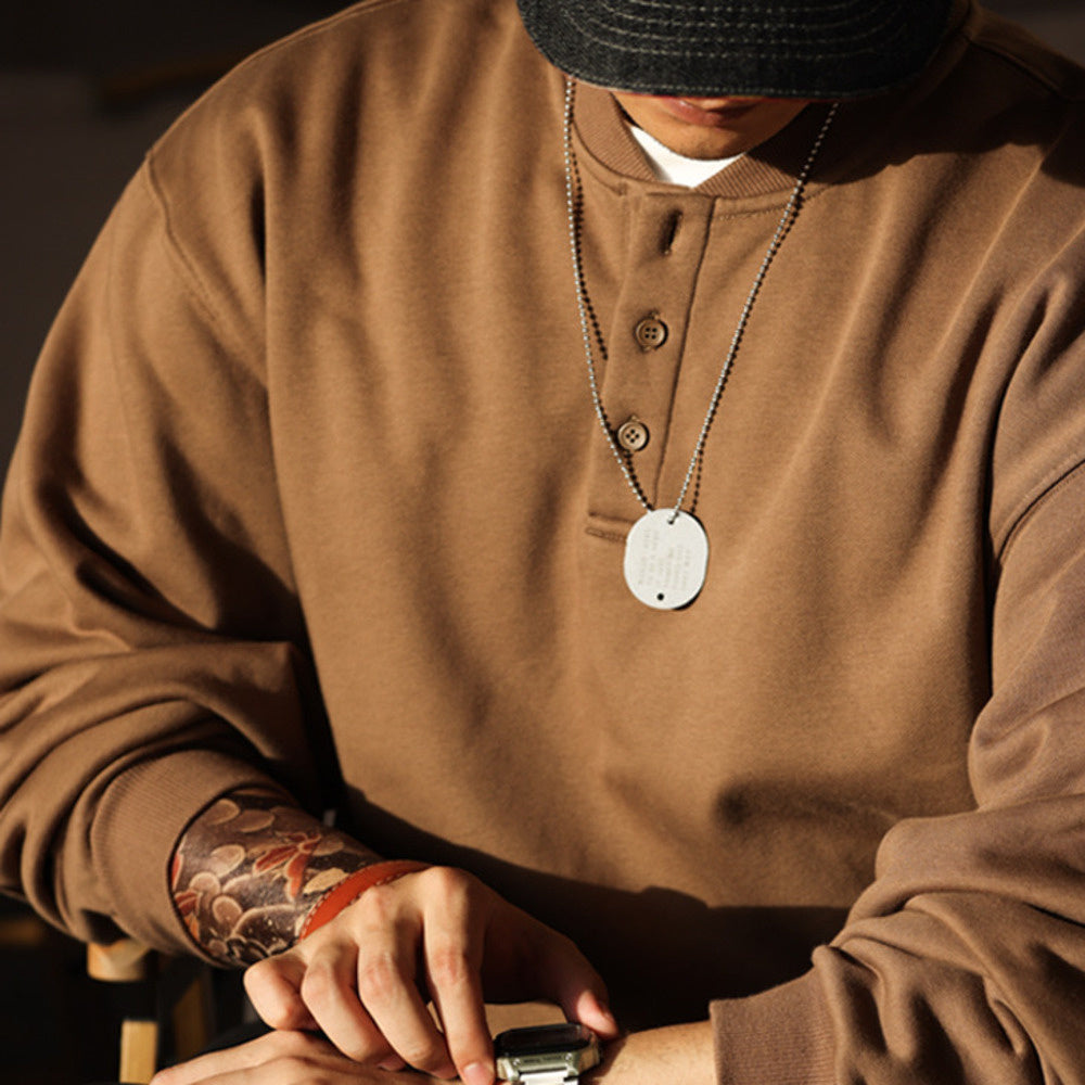 Casual Henry collar looped bottom hoodie, deep khaki clean fit long sleeved base shirt