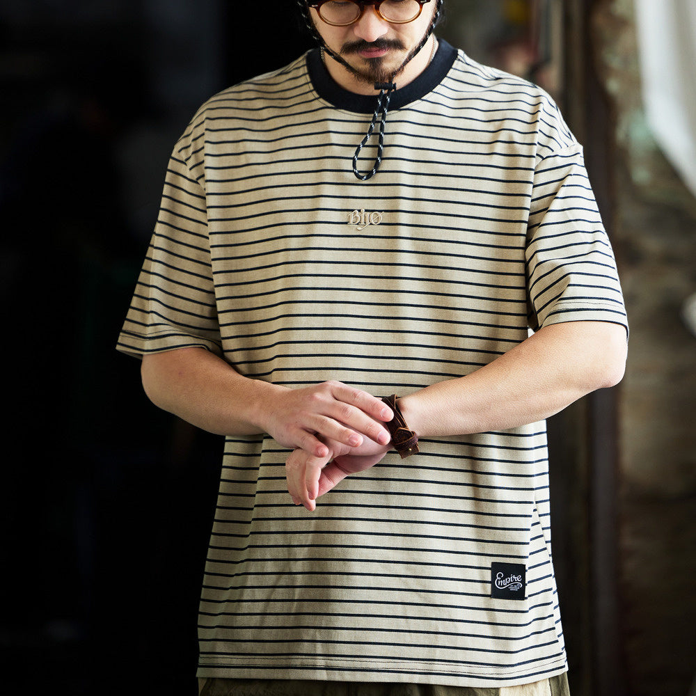 American classic retro striped embroidered men's loose T-shirt