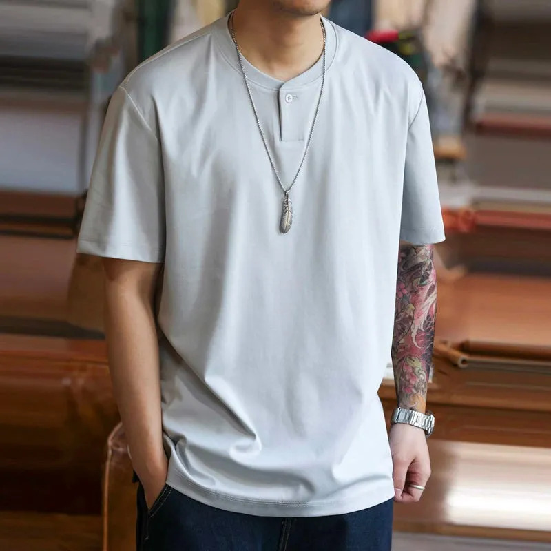 American casual 200g cotton Henry collar men's summer cool short sleeved T-shirt