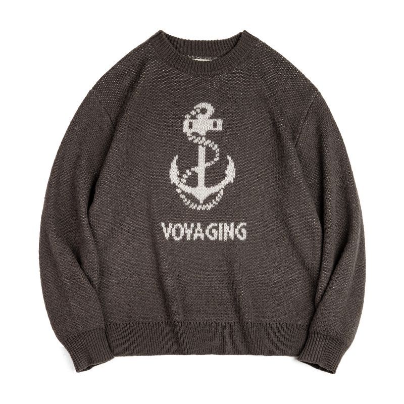 Magi Vintage Knit Anchor Jacquard Sweater Vintage Pullover Crew Neck Bottom Sweater