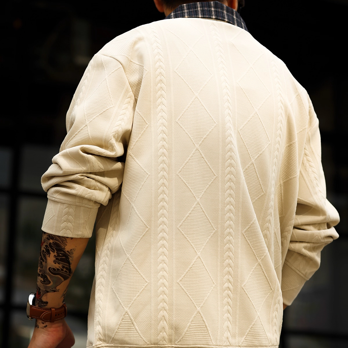 American Casual Knitted Texture Men'S Contrasting Plaid Lapel Long Sleeved Polo Shirt