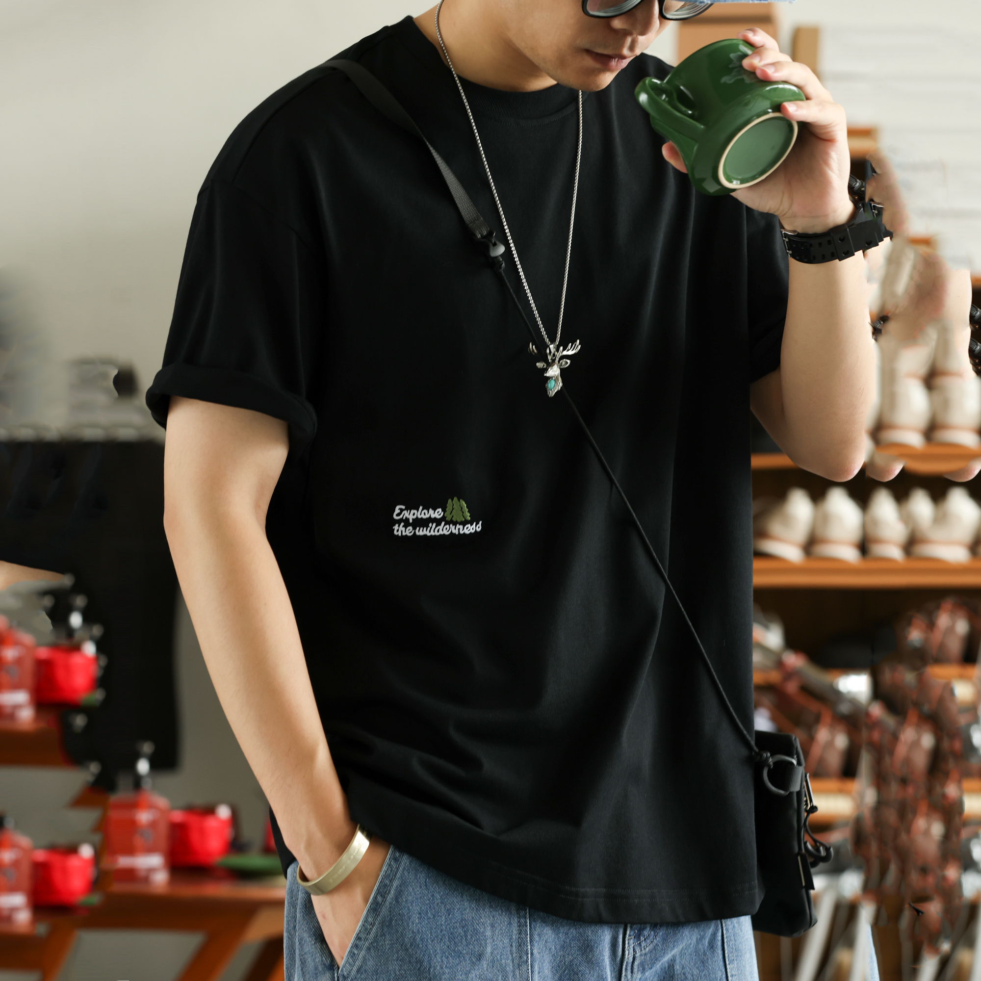 American casual fun embroidered men's pure cotton round neck T-shirt