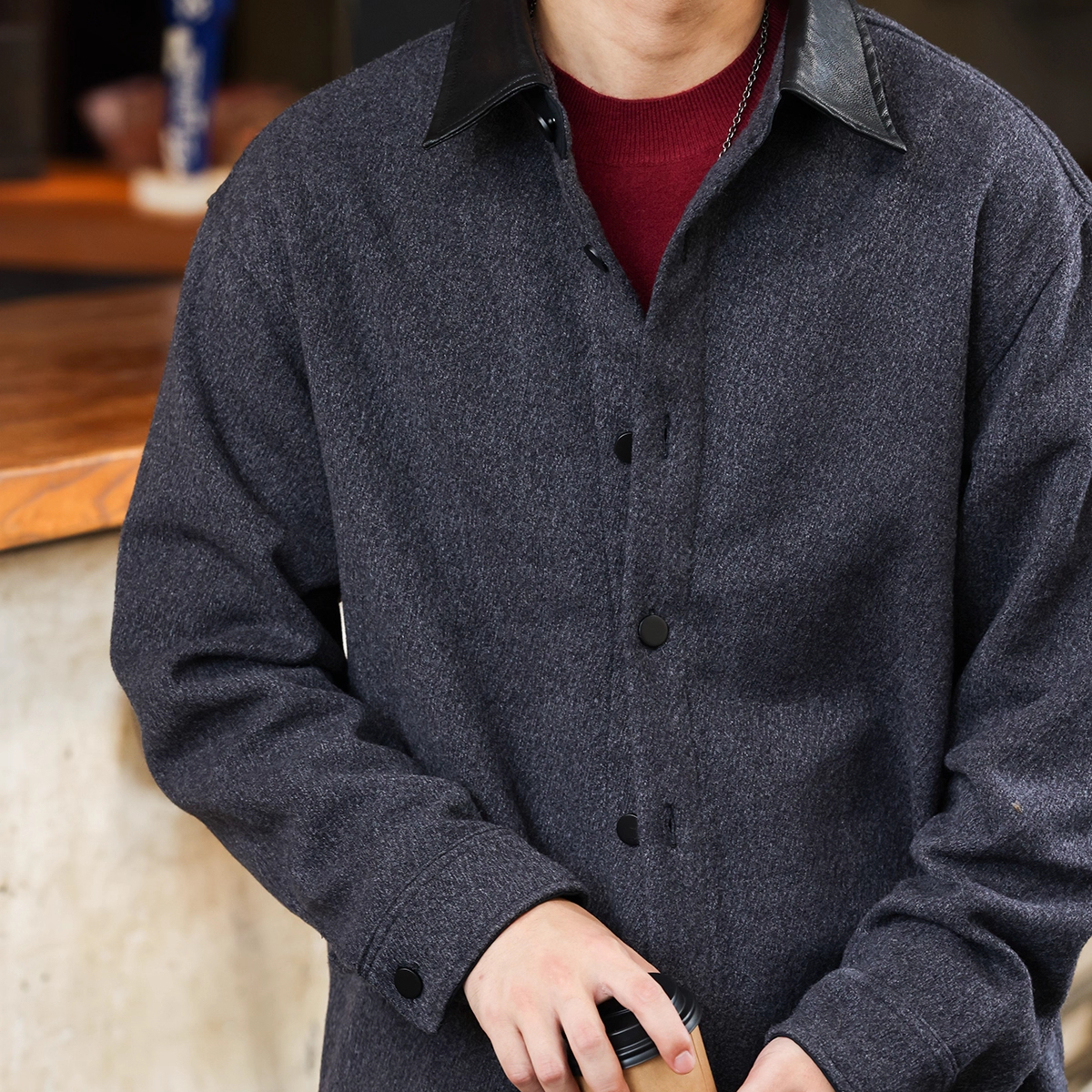 American Retro 720g Woolen Men'S Spliced Leather Lapel Jacket