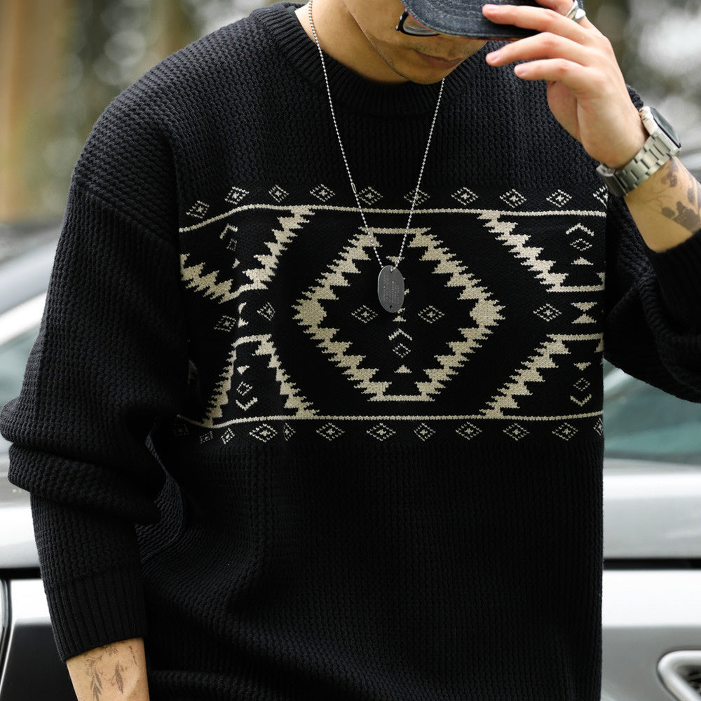 Vintage Navajo diamond jacquard sweater loose 800g heavyweight ethnic style knitted top