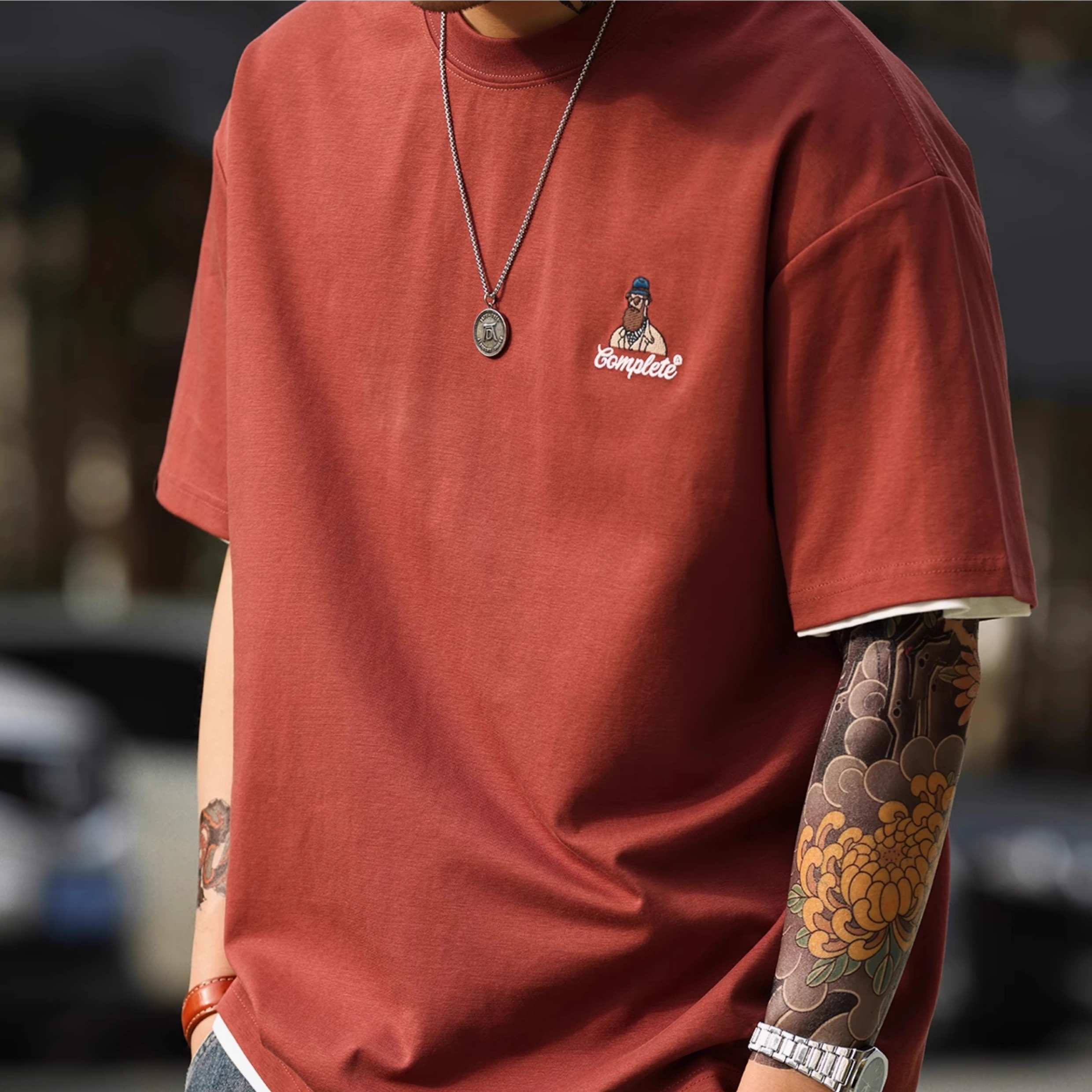 American casual fun embroidery 210g cotton short pulled T-shirt