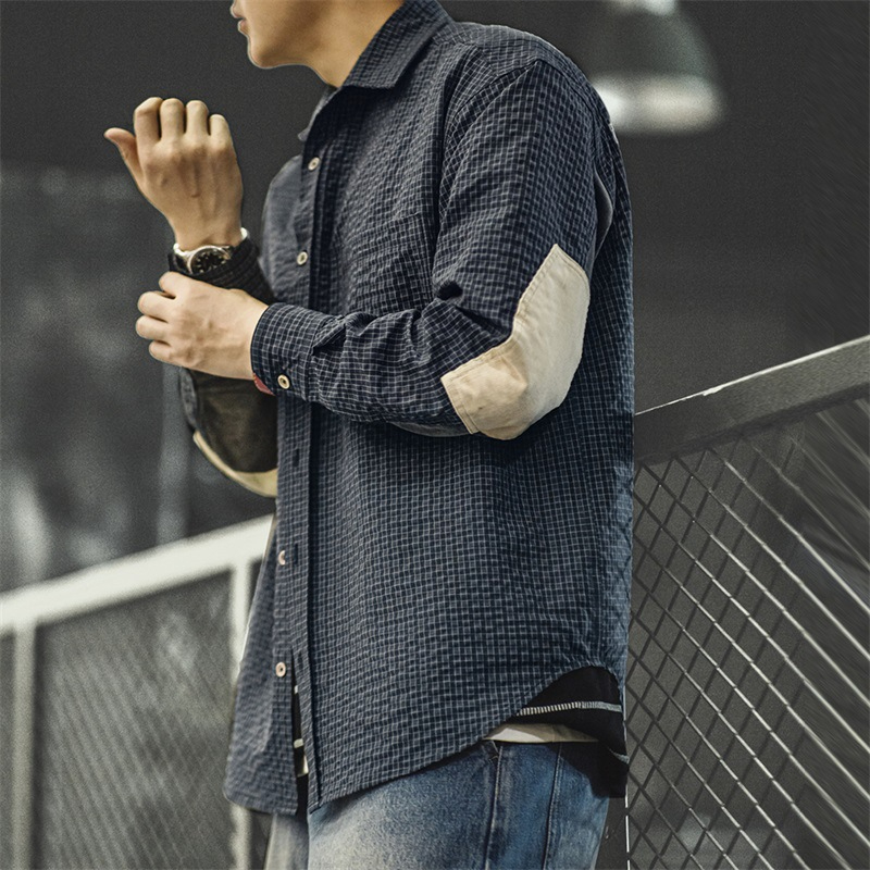 Maden retro bubble gauze plaid texture, lapel splicing long sleeved shirt jacket