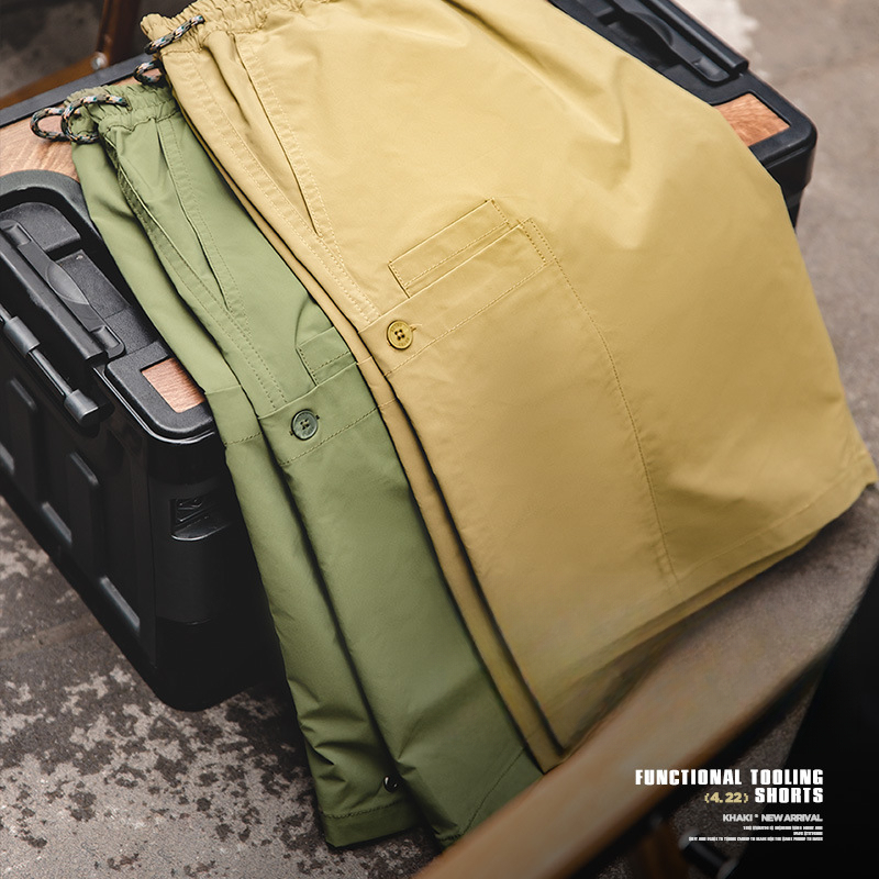 Maden style washed straight drawstring shorts with loose and cool feel, large pockets, functional casual pants