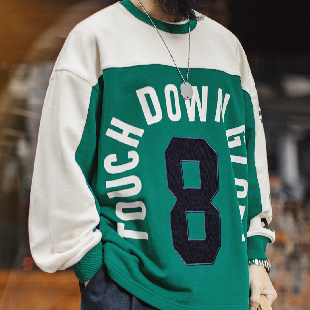 American Retro Jersey Style Contrasting Color Digital Round Neck Long Sleeved T-Shirt