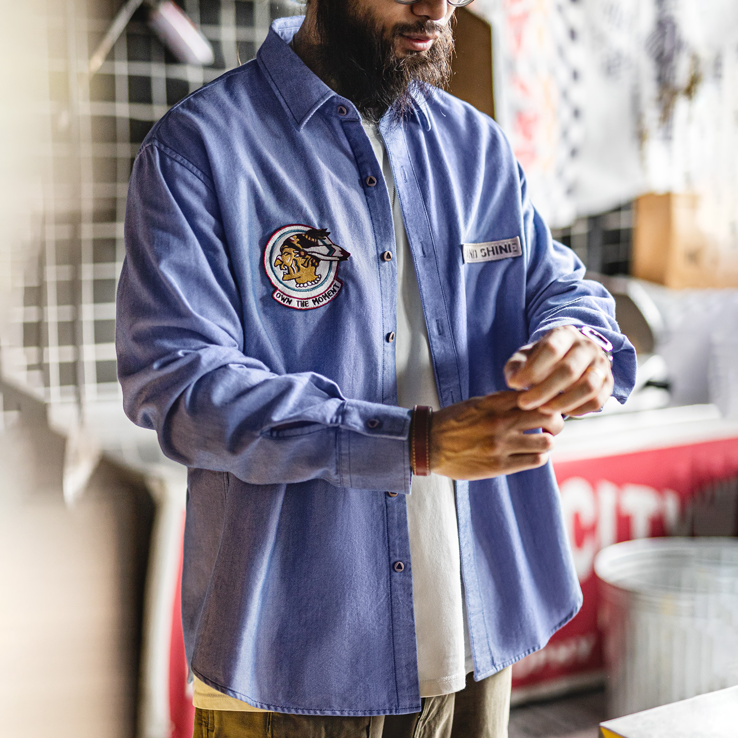 American casual blue pure cotton Oxford fabric thin long sleeved shirt