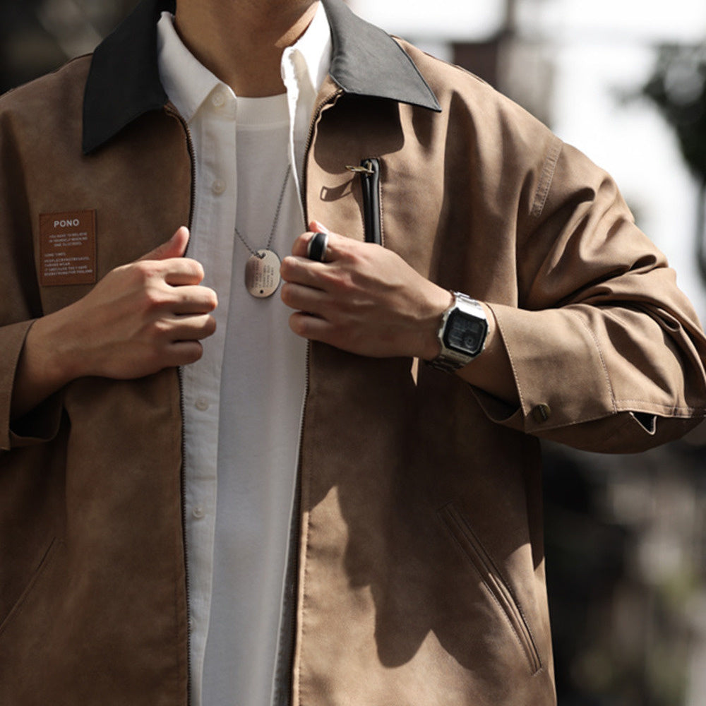 PU Pickup Hart Jacket Men's Texture Pique Handsome Corridor Style Contrast Collar Motorcycle Coat