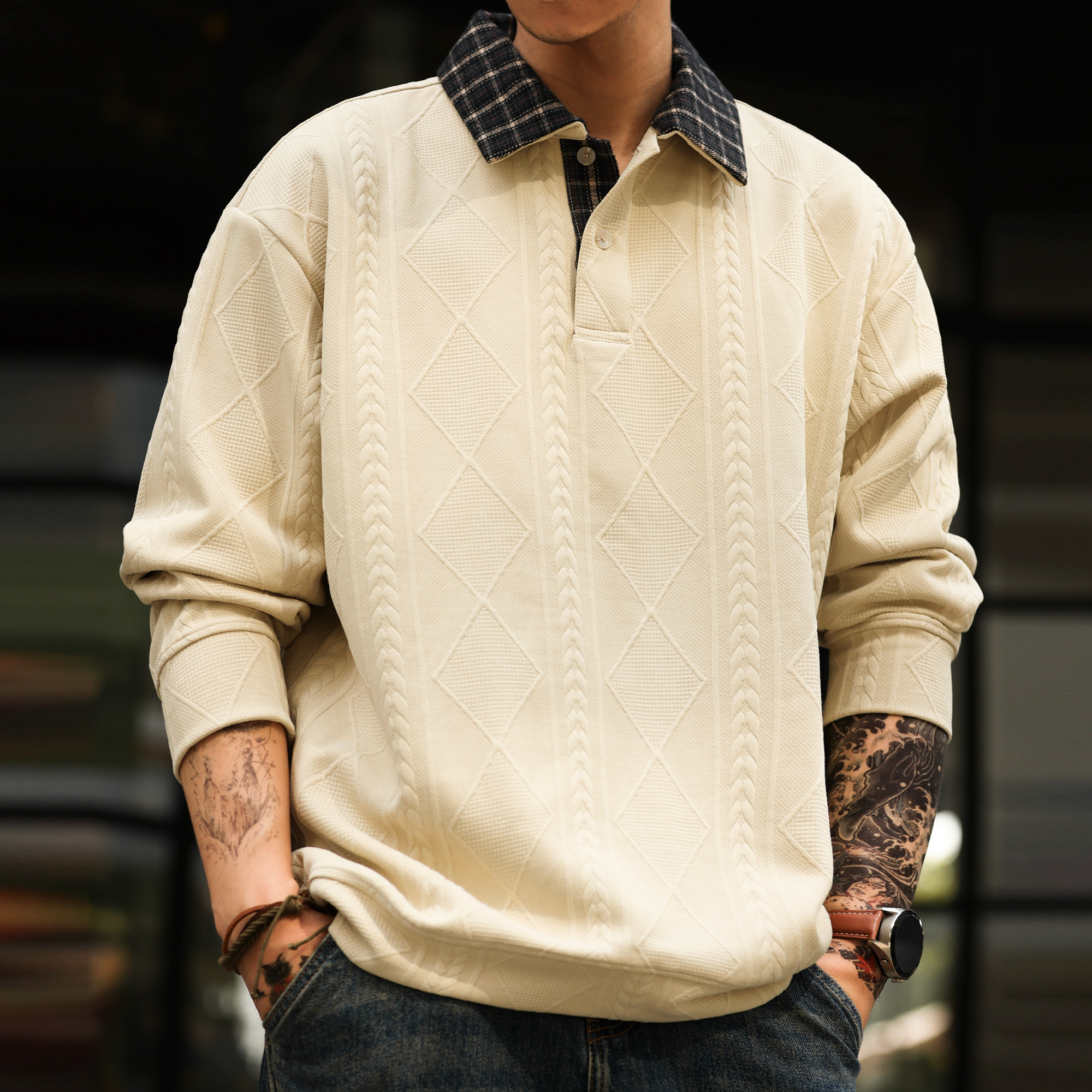 American Casual Knitted Texture Men'S Contrasting Plaid Lapel Long Sleeved Polo Shirt