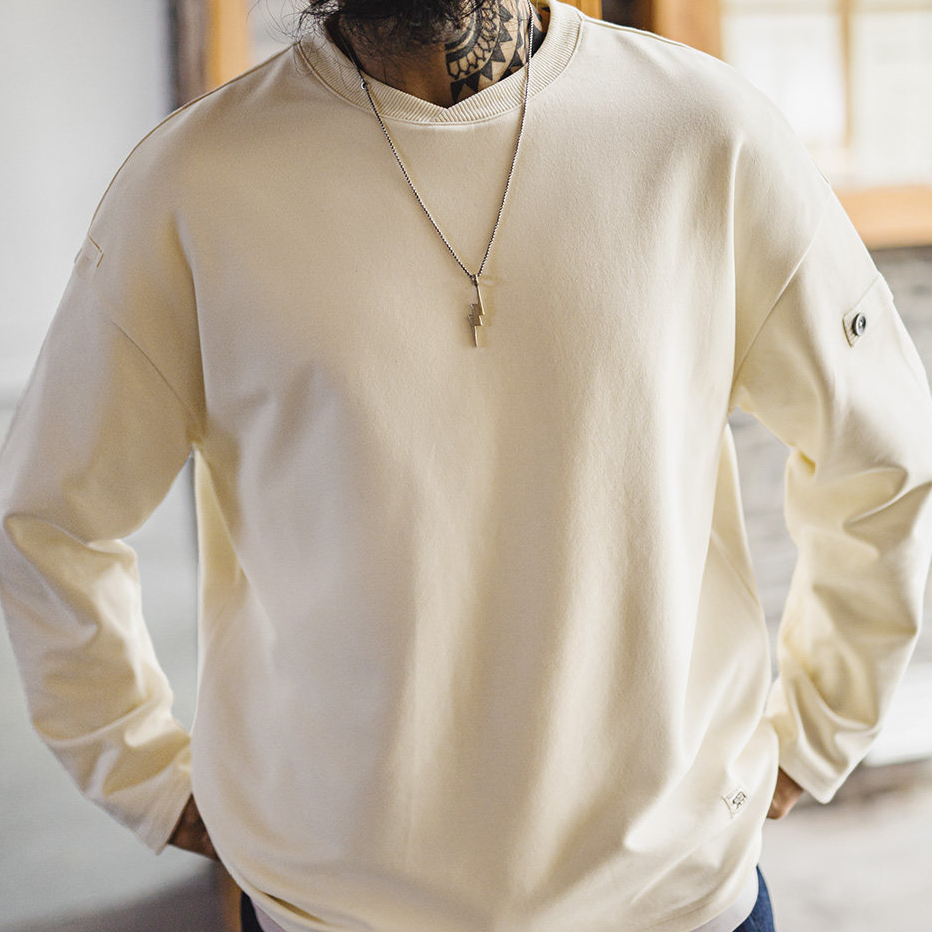 American retro cotton V-neck pullover white loose long sleeved T-shirt