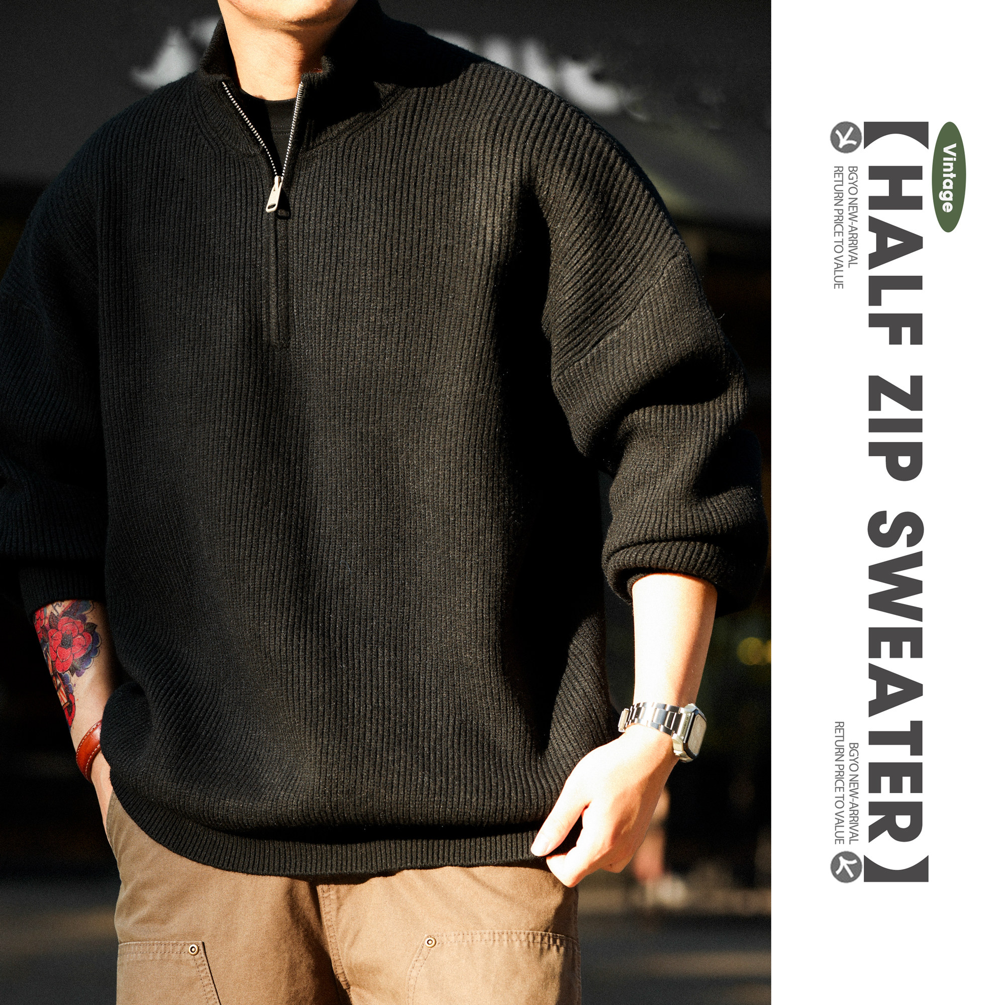 American Retro Half Zipper Stand Up Collar Men'S 700g Retro Lazy Style Warm Sweater Jacket