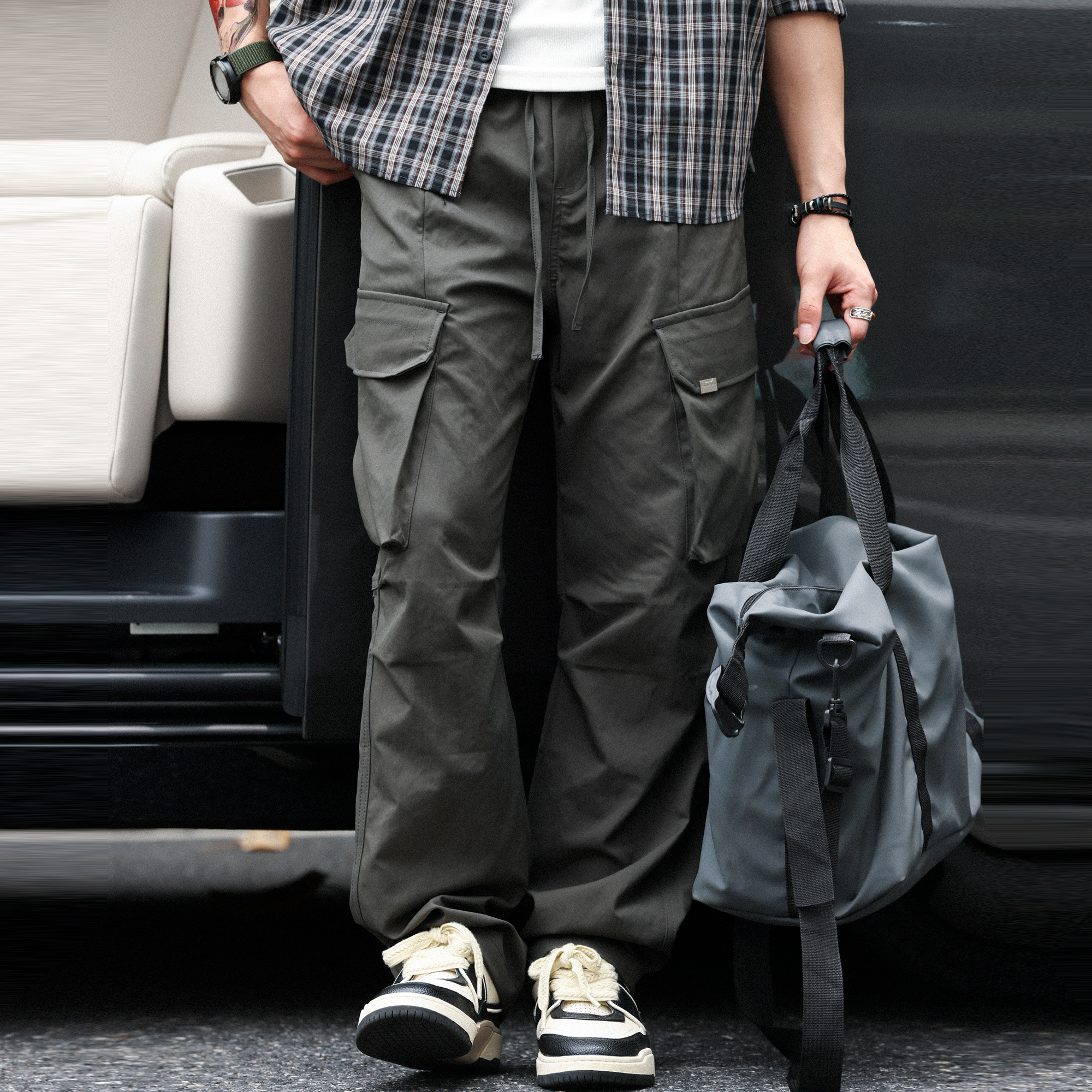 American retro drape outdoor men's drawstring large pocket casual cargo pants
