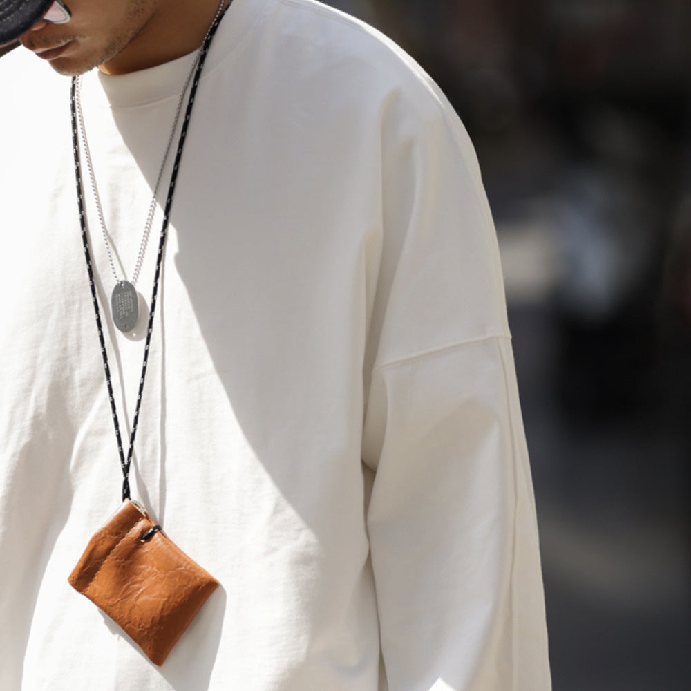 290g long sleeved T-shirt with line splicing sleeve cage, loose solid color round neck casual base shirt