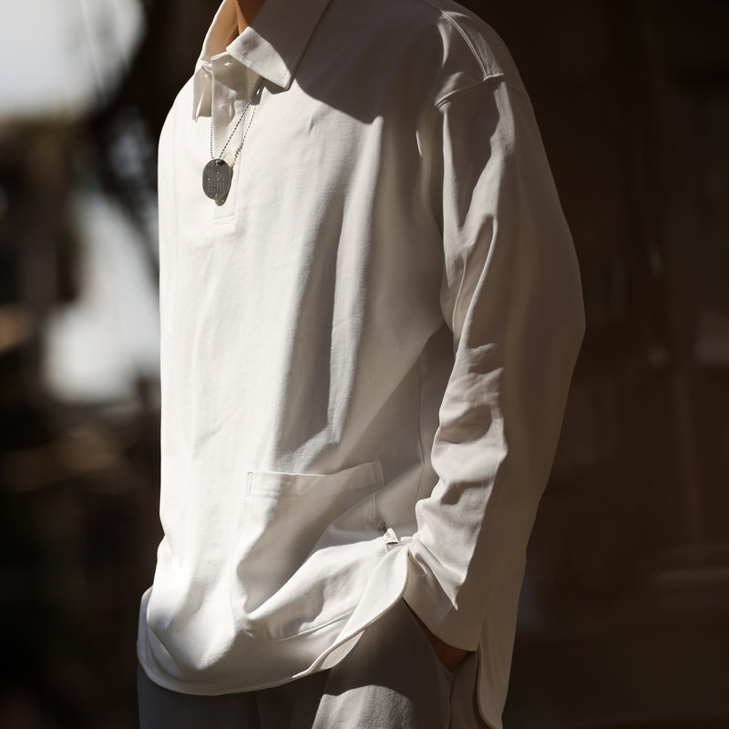 Casual pocket lapel long sleeved polo shirt with curved hem for outdoor sports layering workwear T-shirt