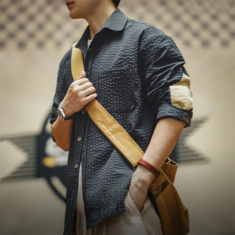 Maden retro bubble gauze plaid texture, lapel splicing long sleeved shirt jacket