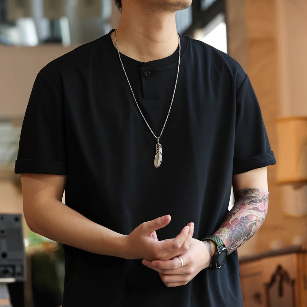 American casual 200g cotton Henry collar men's summer cool short sleeved T-shirt