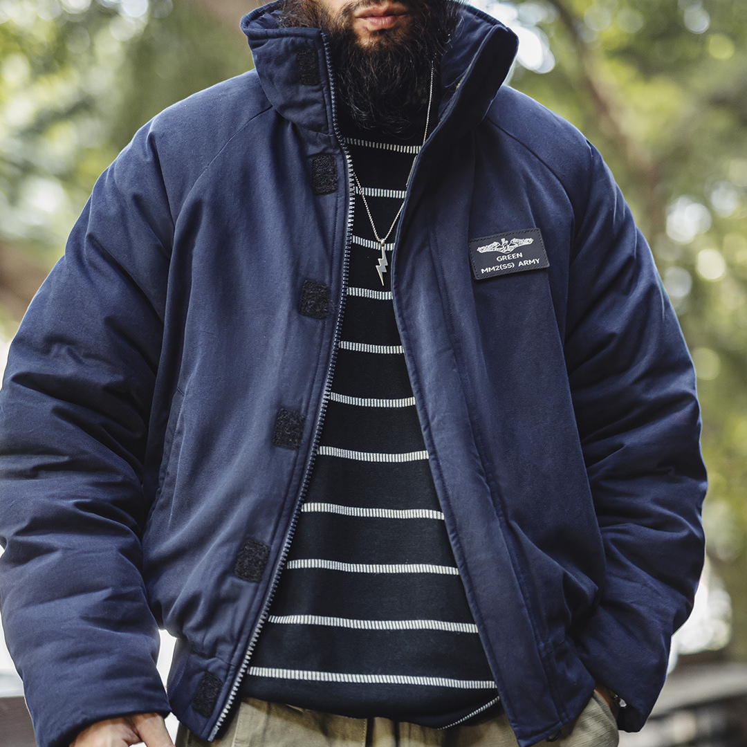 American Navy Blue Stand up Collar Warm Short Sleeve Cotton Jacket with Insert Shoulders