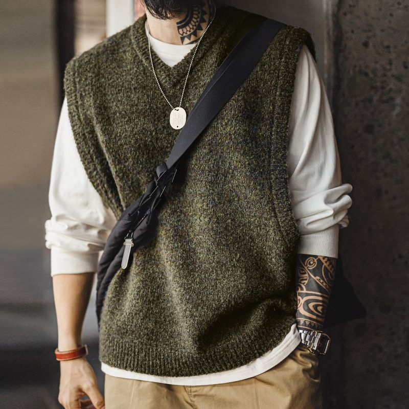 Madden Workwear American Retro Knitted V-neck Vest Fluffy Vest Bandage Dress Pullover Keep Warm Sleeveless Waistcoat Men's Autumn and Winter