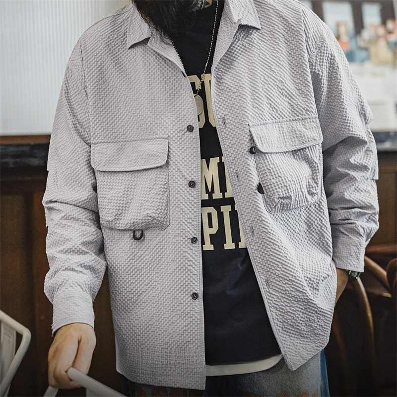 Maden Mountain style outdoor Cuban collar foam gauze, wrinkle resistant pocket, thin long sleeved shirt