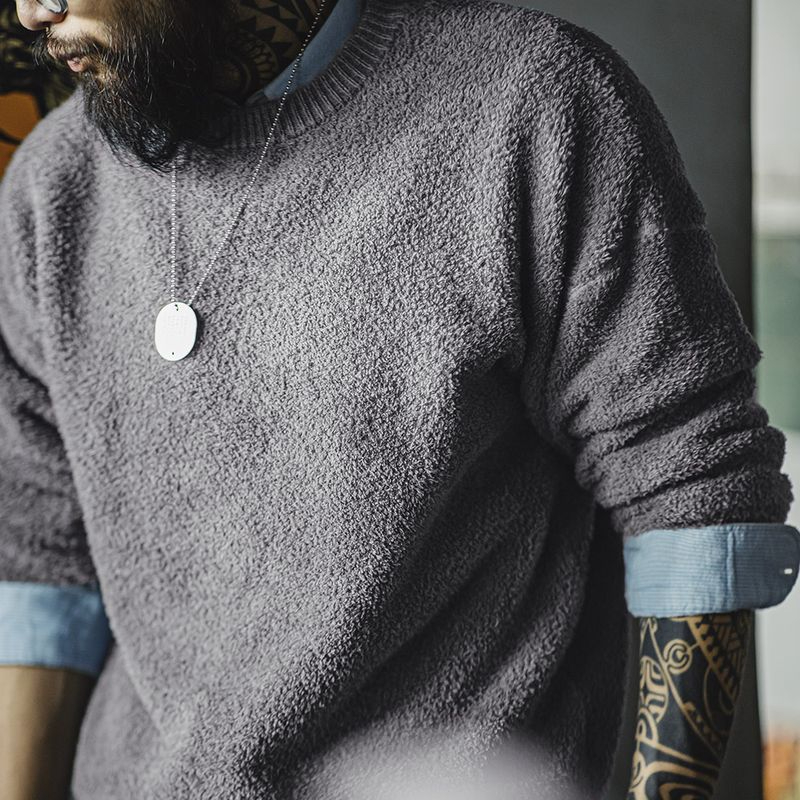 Magi Retro Half Fleece Round Neck Sweater Lazy Style Hoodie Grey Velvet Warm Top