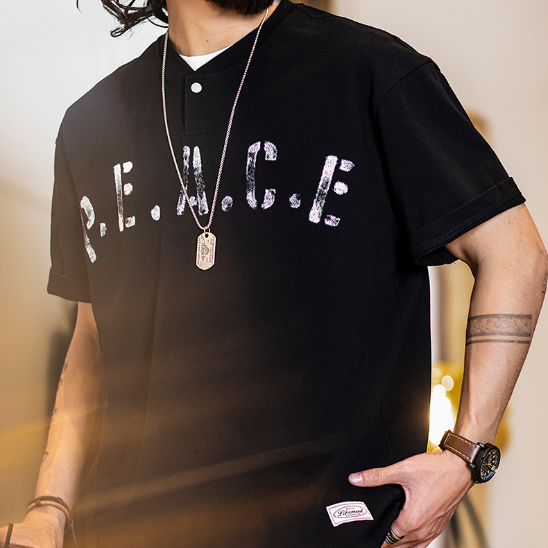 American casual printed men's Henry collar loose cotton T-shirt