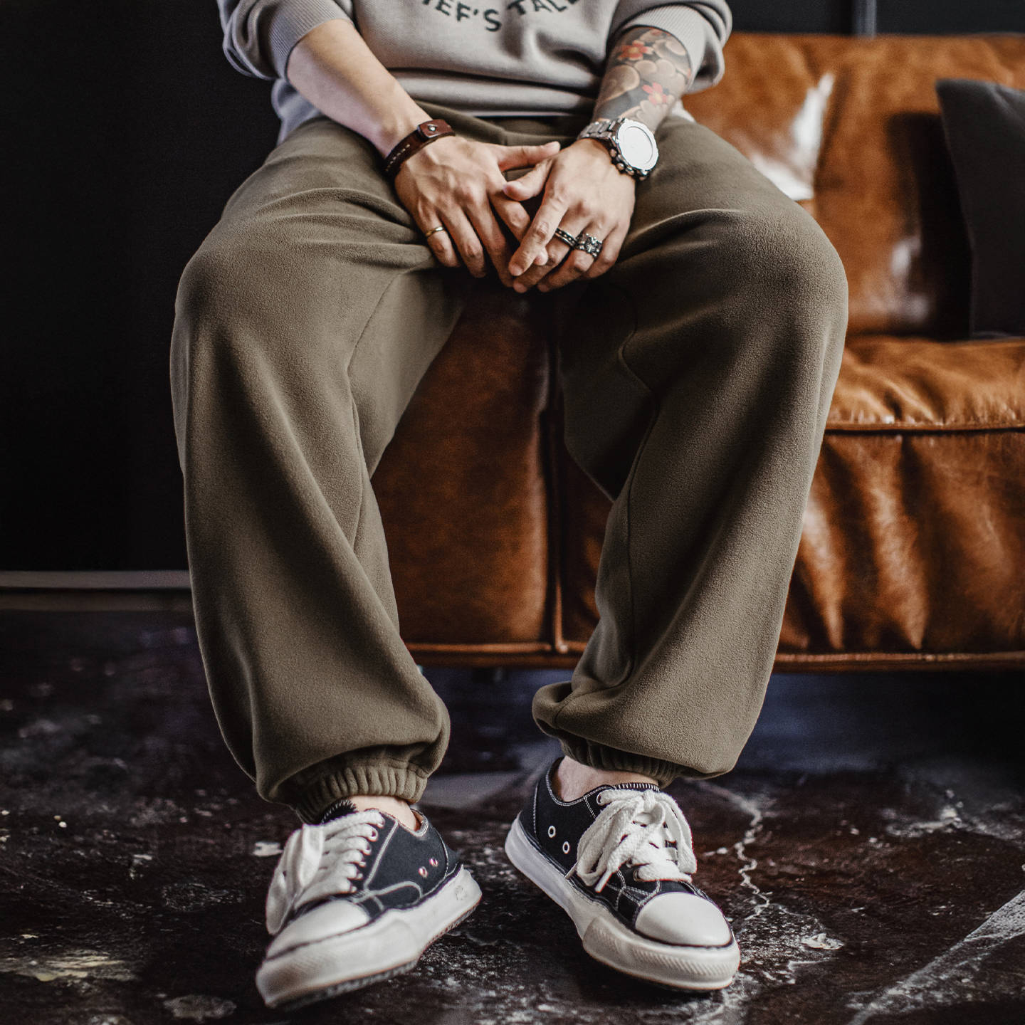 American Retro Fleece Warm Brown Maillard Leg Tied Casual Pants