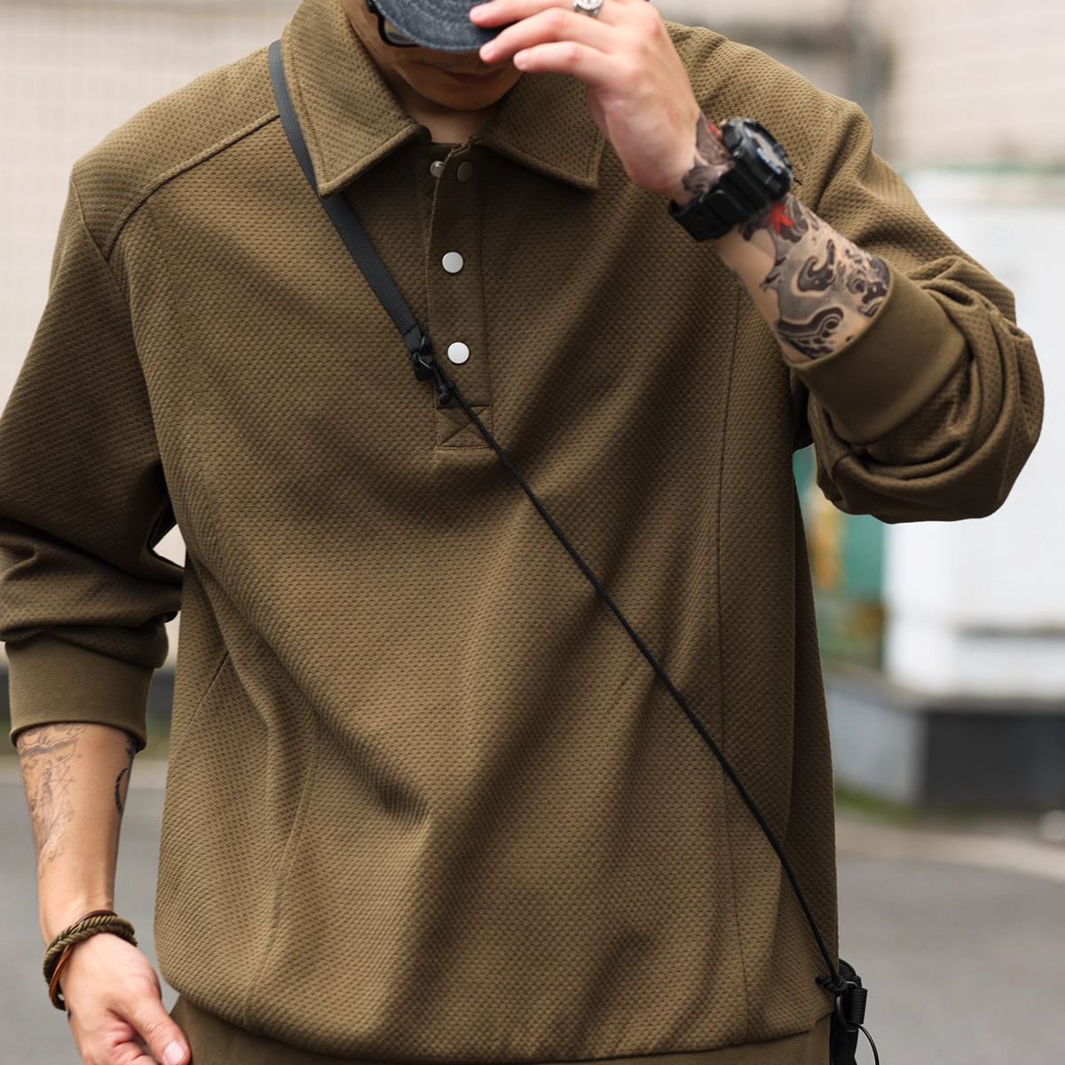 American Style Minimalist Patchwork Men's 380g Long Sleeved Polo Shirt