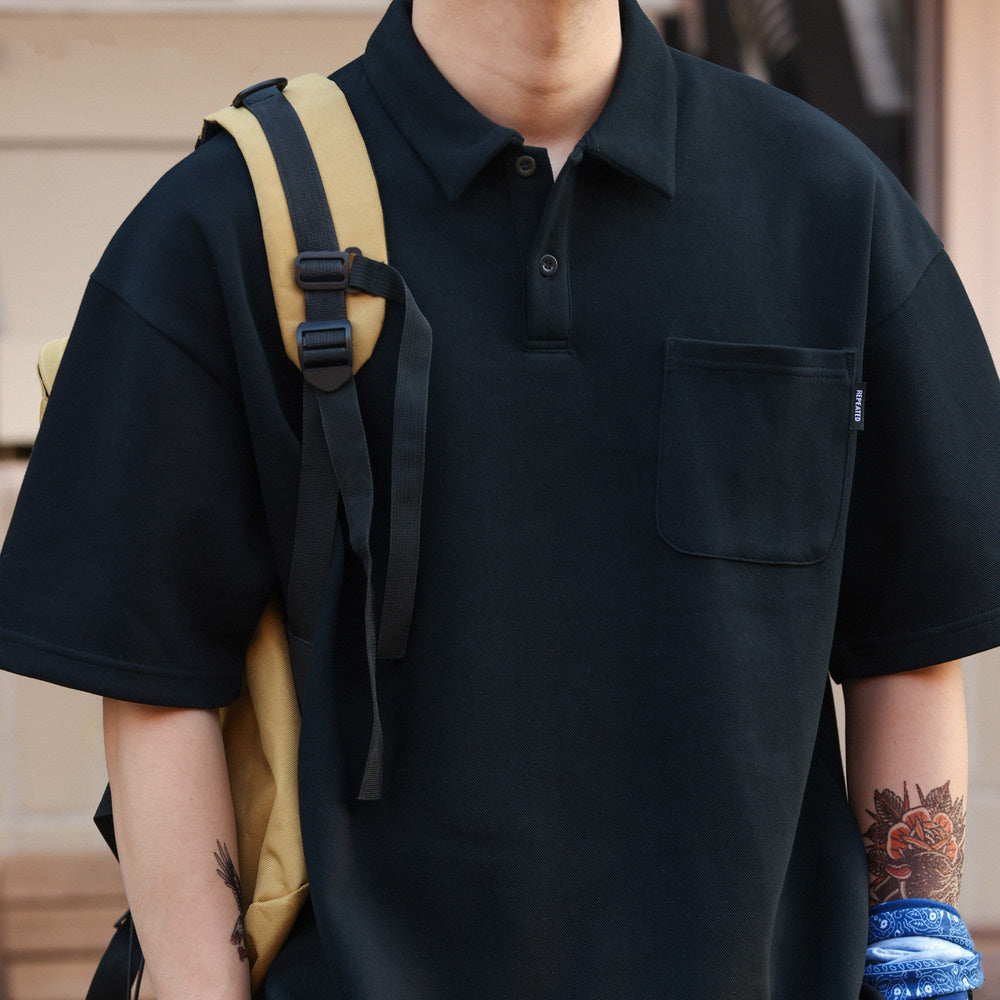 Japanese casual 340g men's loose pocket lapel short sleeved polo shirt