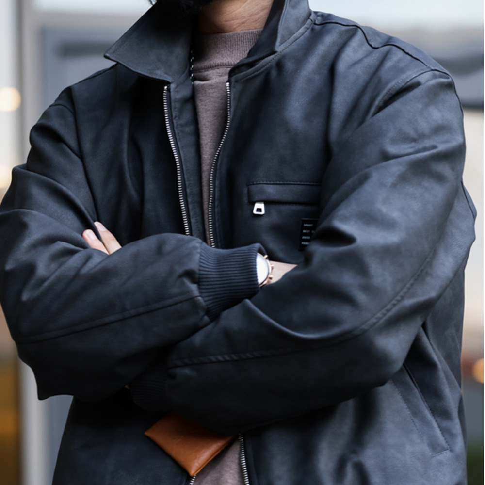 PU leather jacket men's cleanfit loose textured workwear Detroit hunting suit leather jacket