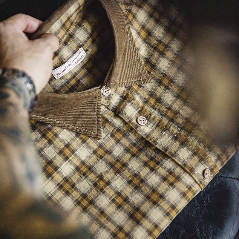Maden retro Scottish plaid long sleeved shirt with corduroy patchwork lapel plaid shirt