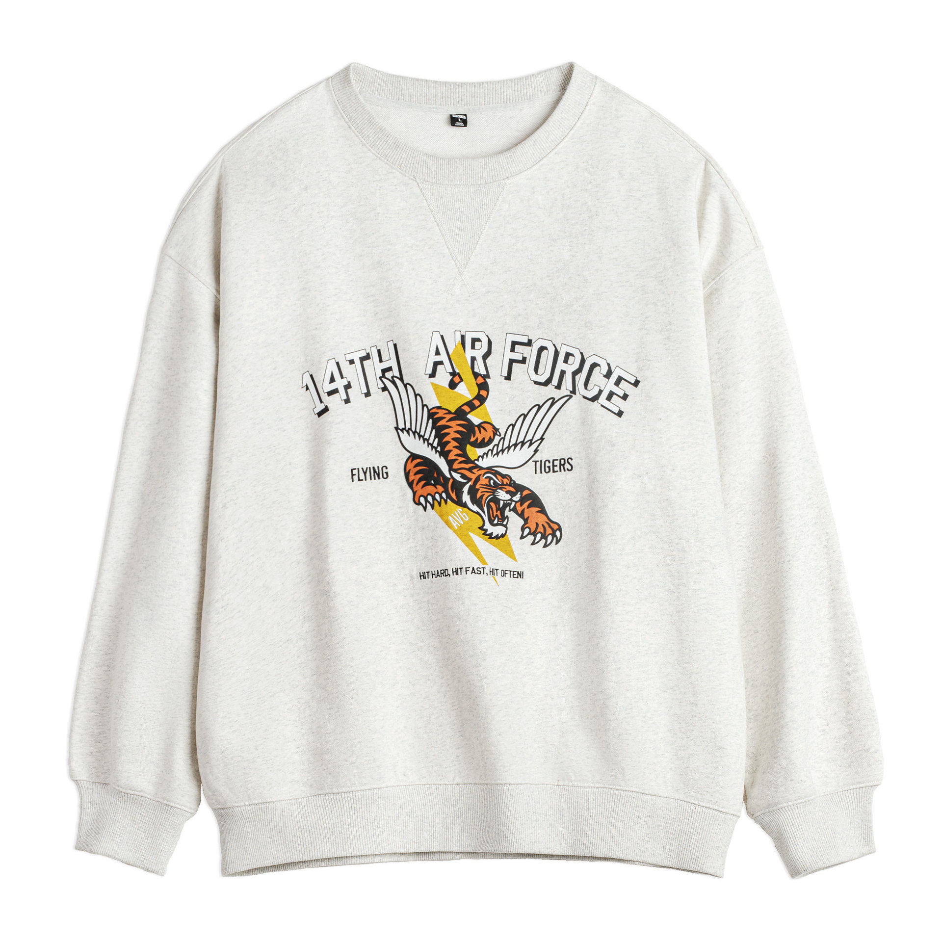 American Printed Gray Round Neck Loose Shoulder Long Sleeved T-Shirt