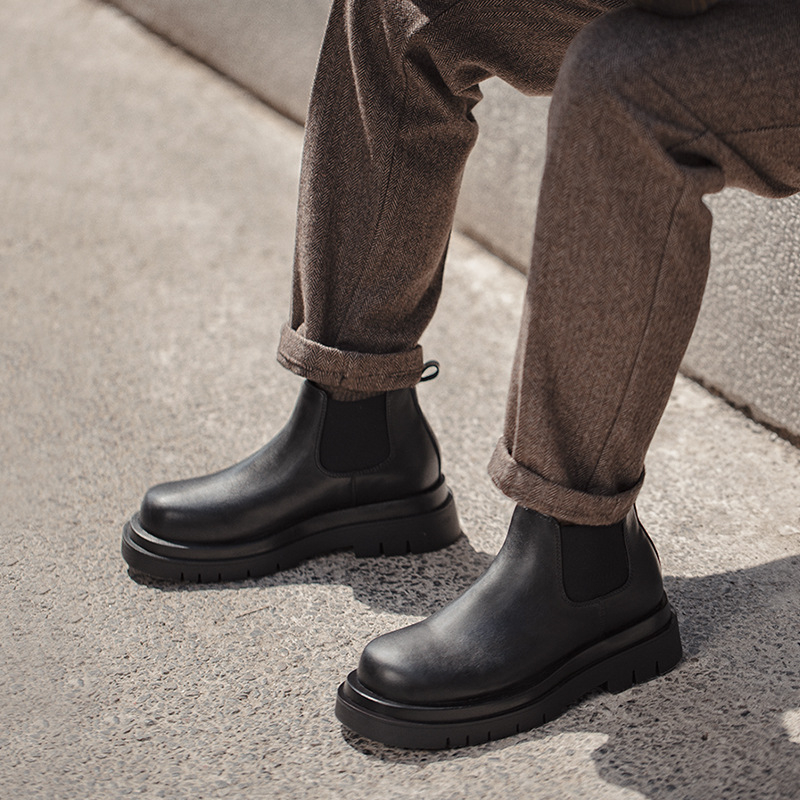 Maden Chercy boots with thick sole for increased height, casual black leather short boots, Martin boots